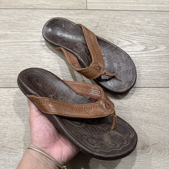 Olukai Mens Sandals 7 Hiapo Brown Leather Flip Flops EU 40 - Picture 1 of 8